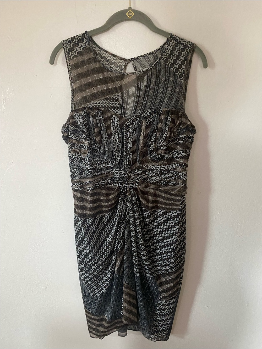 Nine West Black and Brown Patterned Twist-Front Midi Dress